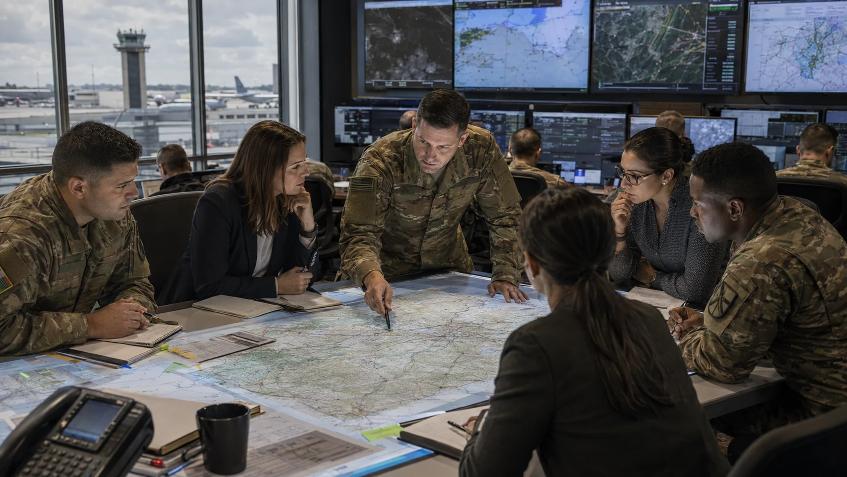 Soldier directing drone operations from a field laptop alongside tactical vehicles