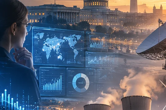 Analyst reviewing intelligence dashboards with global data visualizations