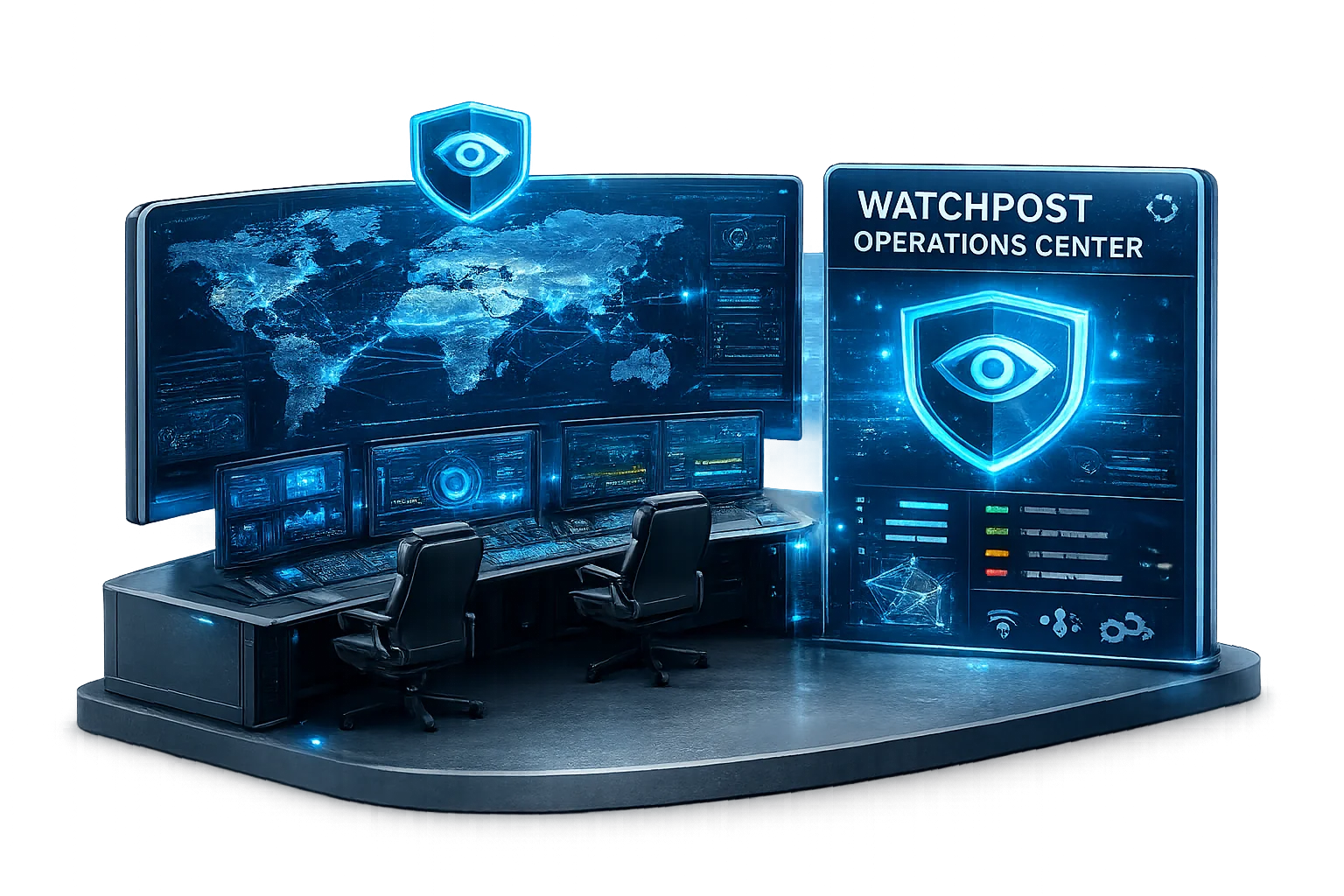 WatchPost Operations Center monitoring desk with a global network map and system status panel